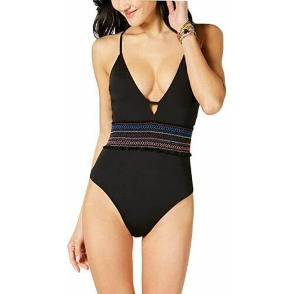 Bar III Smocked Plunging One Piece Swimsuit Black L New Rainbow Embroidered